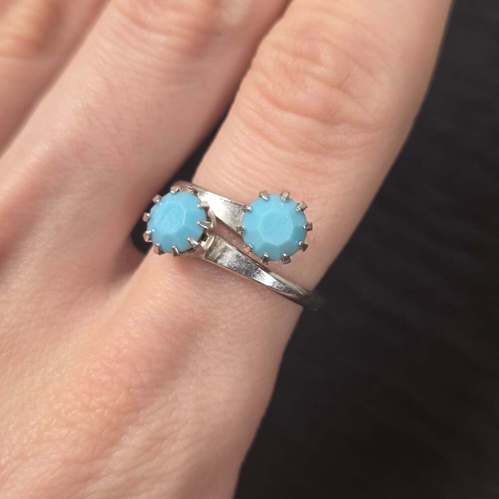 Vintage  Blue Bypass Ring Silver Tone Mid Century Costume Jewelry